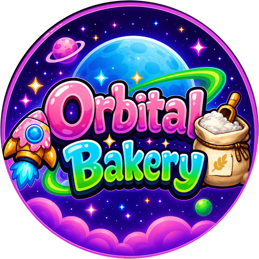 Orbital Bakery logo — a round badge with pink and green lettering over a moon and starfield, flanked by a frosted rocket and a sack of flour