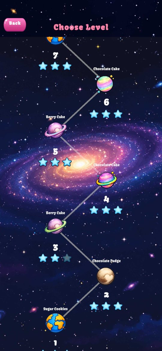Level select screen: numbered planets connected along a path across a galaxy