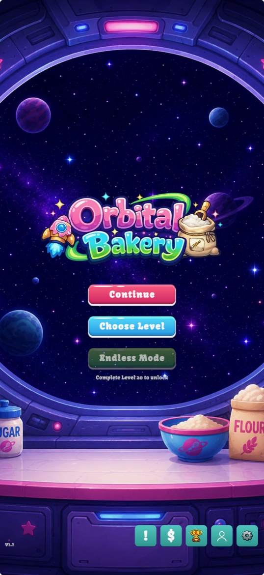 Orbital Bakery main menu: the logo over a starfield seen through a space station window, with Continue, Choose Level and Endless Mode buttons above a counter of flour and sugar