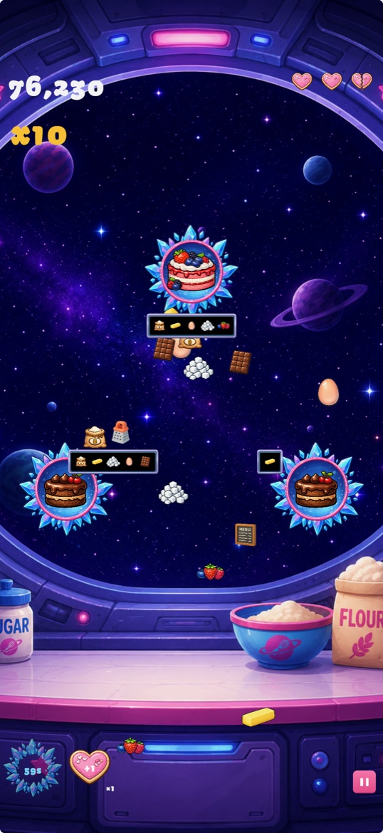 Gameplay: chocolate bars, sugar cubes and eggs drifting across a starfield toward three crystal-ringed cake bowls, each showing the ingredients it still needs